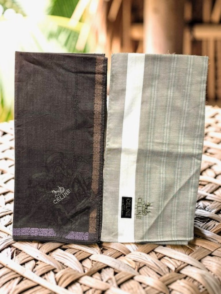 2 New Men Celine P Handkerchiefs Cotton Made 18.5 Brown Olive Embroidered (99)
